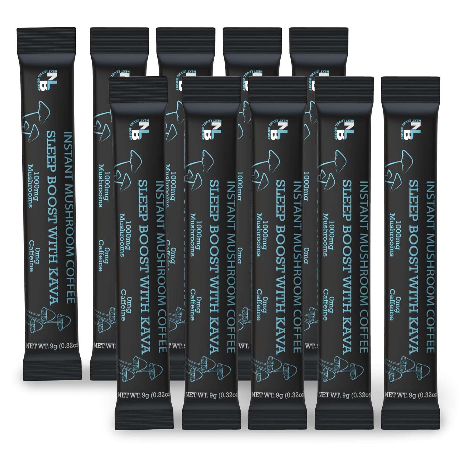 A collection of ten stick packs of Sleep with Kava Instant Mushroom Coffee, each labeled with the product name and branding.