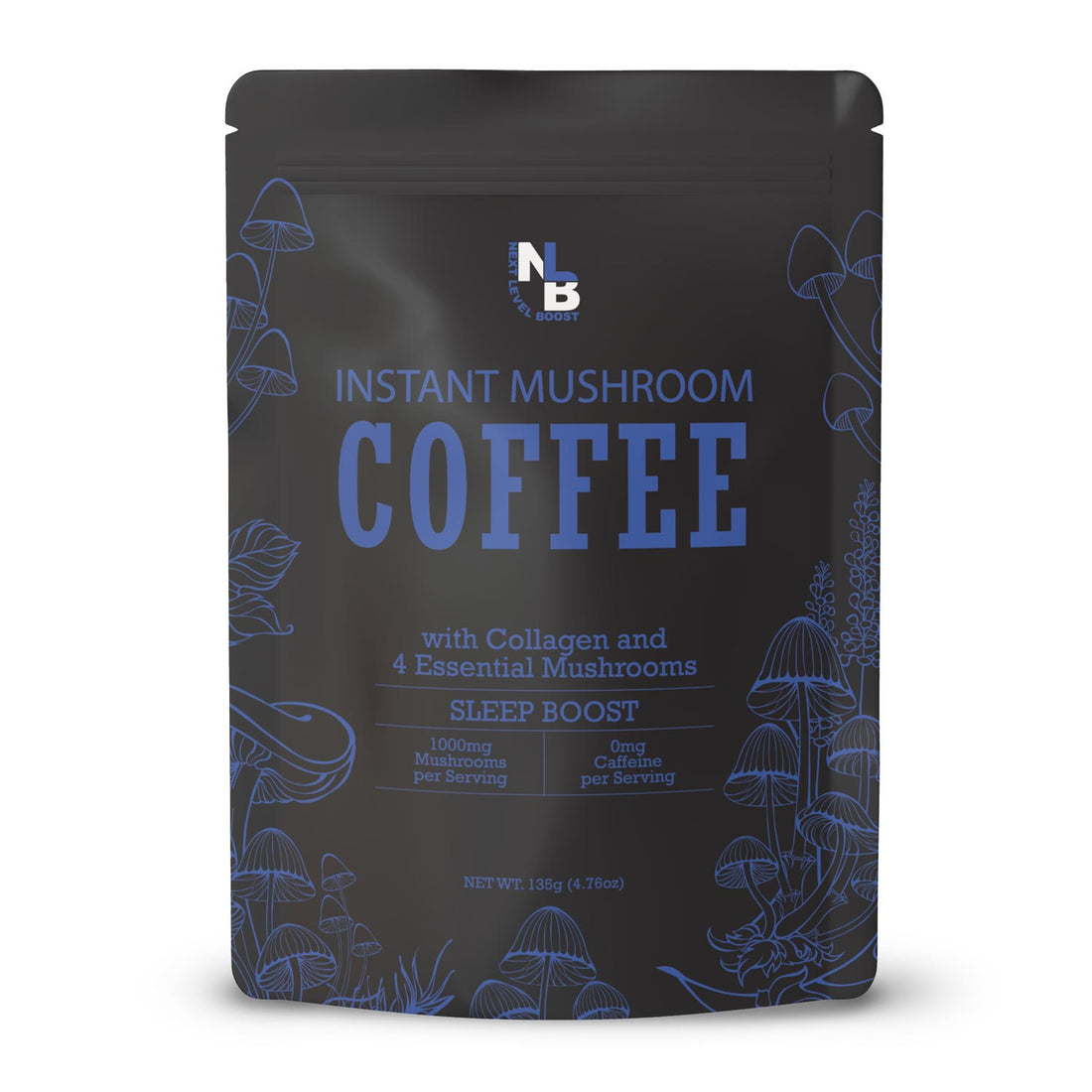 Next Level Boost Sleep Boost mushroom coffee packaging featuring functional mushrooms and ingredients that support relaxation and restful sleep