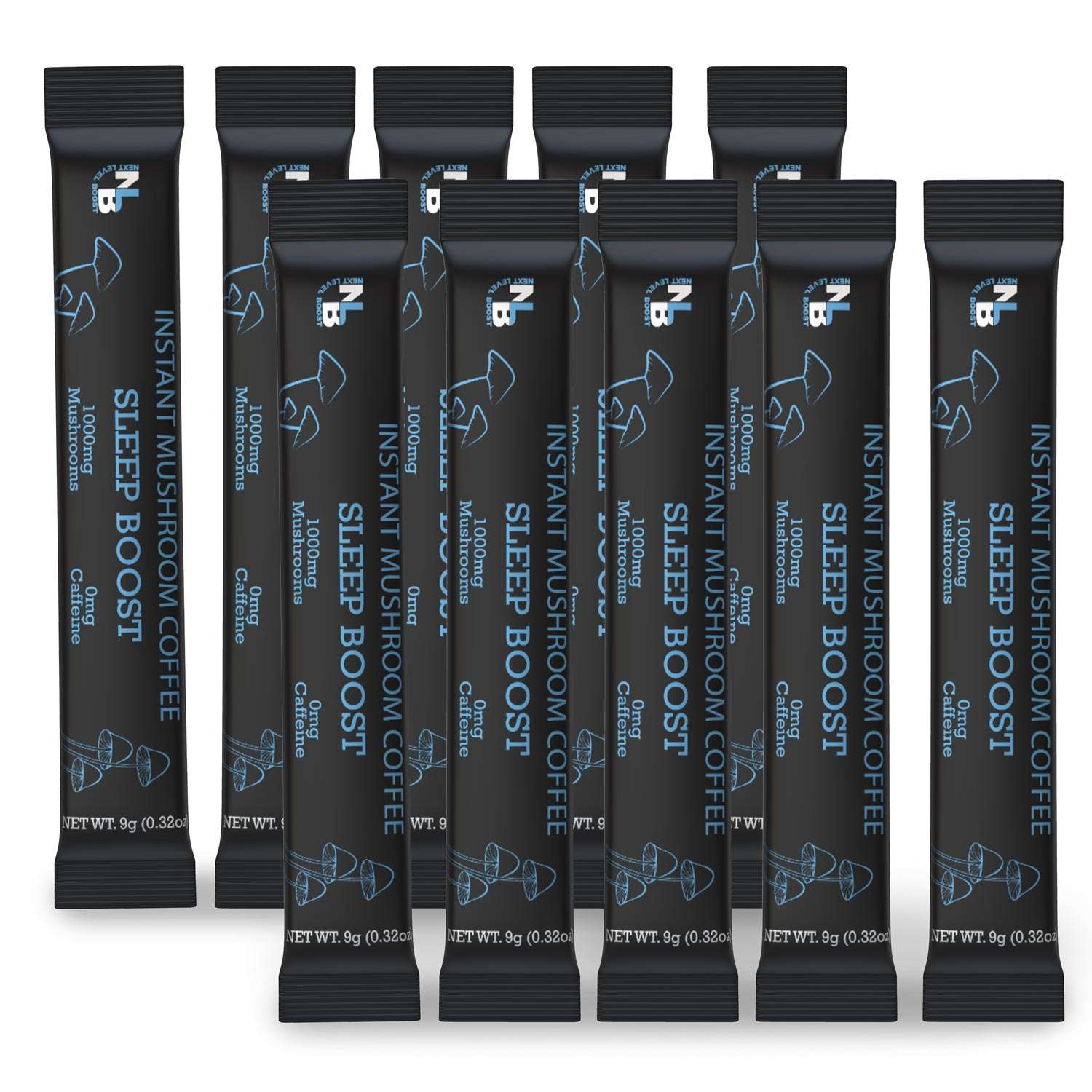 Next Level Boost Sleep Boost instant mushroom coffee stick packs designed for relaxation and better sleep.