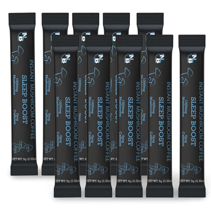 Next Level Boost Sleep Boost instant mushroom coffee stick packs designed for relaxation and better sleep.